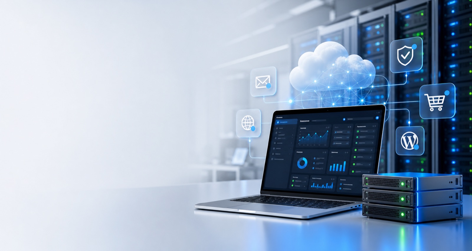 Infraestructura hosting Hostigo con servidores, nube y panel de administración
